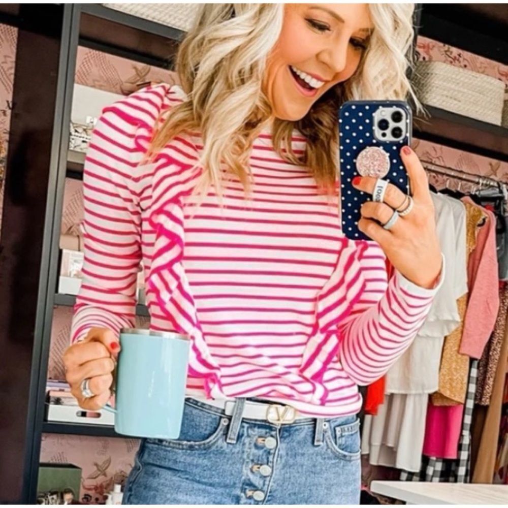 Lilly Pulitzer Ruth Ruffle Striped Sweater - Pink Tango Size M - Picture 2 of 9